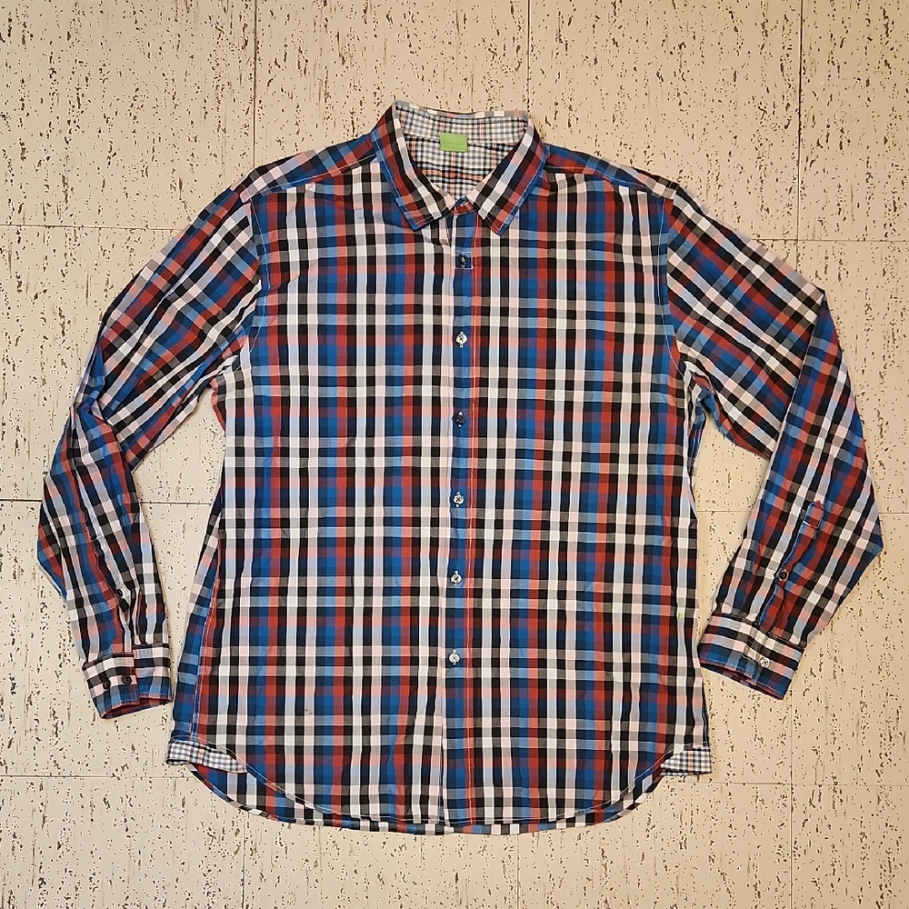 Hugo Boss Multi Color Flannel Button Down Long Sleeve Casual Dress Shirt